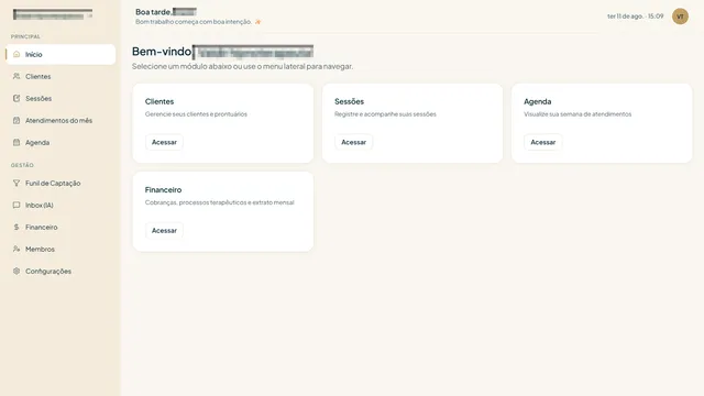 Painel inicial do TerapeutaFlow, com os cards de Clientes, Sessões, Agenda e Financeiro